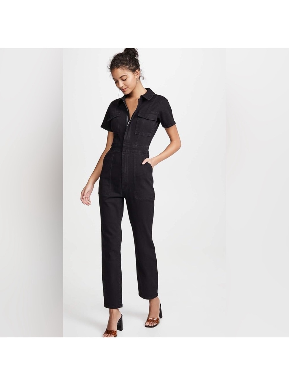 Good American utility jumpsuit size small black straight leg denim stretch